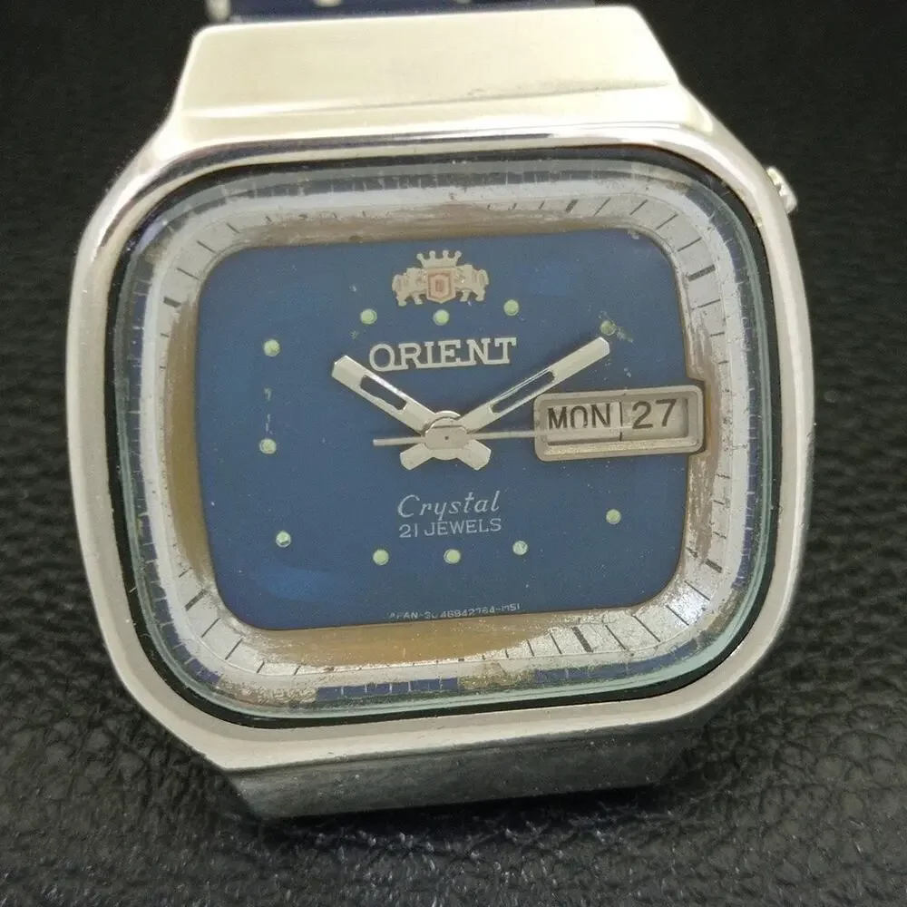 Vintage 1974 Square Orient Automatic Mens Silver Watch W/daydate & Blue accents